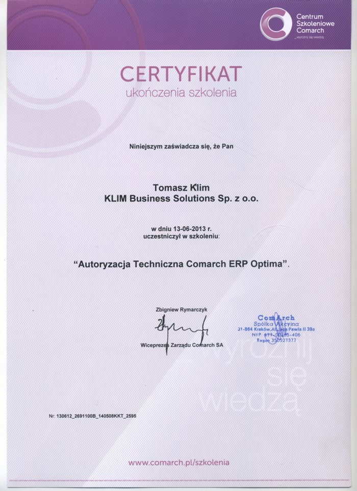 Tomasz Klim - autoryzacja techniczna Comarch ERP Optima