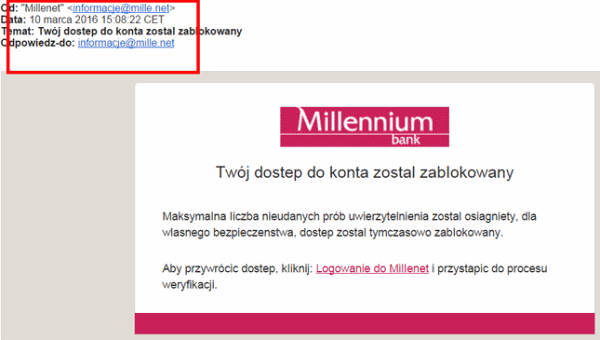 Fałszywa informacja o blokadzie konta w Banku Millennium
